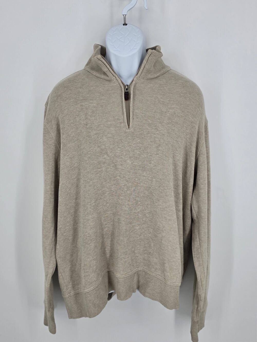 Eddie Bauer 1/4 Zip Pullover Sweater Beige Ribbed Knit Mock Neck Men XL